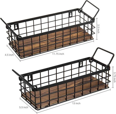 MyGift 13 and 12 Inch Nesting Storage Baskets with Handles, Wall Mounted or Tabletop White Metal Wire and Premium Acacia Wood Decorative Shelf Organizer Bins, 2 Piece Set in Saudi Arabia