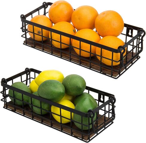 MyGift 13 and 12 Inch Nesting Storage Baskets with Handles, Wall Mounted or Tabletop White Metal Wire and Premium Acacia Wood Decorative Shelf Organizer Bins, 2 Piece Set in Saudi Arabia