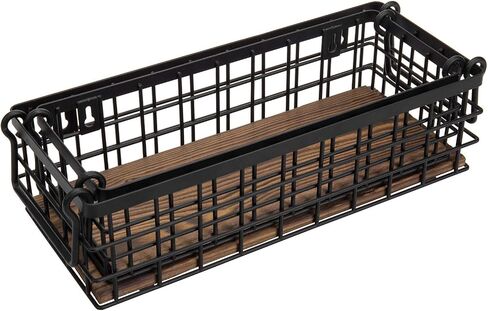 MyGift 13 and 12 Inch Nesting Storage Baskets with Handles, Wall Mounted or Tabletop White Metal Wire and Premium Acacia Wood Decorative Shelf Organizer Bins, 2 Piece Set in Saudi Arabia