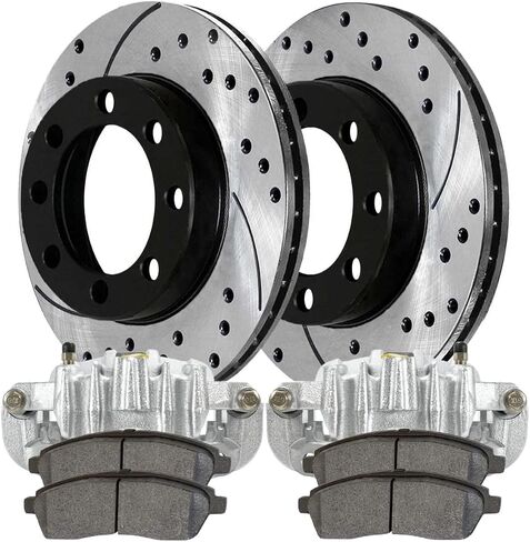 تلقائي خلفي حفر ودوارات الفرامل المحفورة منصات الفرامل السيراميك | استبدال Ford SPORTION 2000-2004 F-250 Super Duty F-350 Super Duty | المطاطية الإلكترونية | مجموعة الفرامل 8-PC | Shadowguard in Saudi Arabia