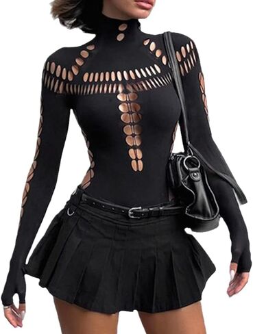 Enfuso Cyber Y2K Punk Sexy Hollow Out Bodysuits القوطية Techwear Techwear Techwear Bodycon Thirts Moto Long Streetwear in Kuwait
