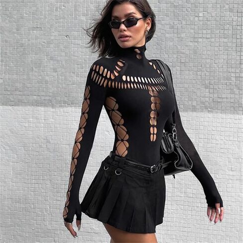 Enfuso Cyber Y2K Punk Sexy Hollow Out Bodysuits القوطية Techwear Techwear Techwear Bodycon Thirts Moto Long Streetwear in Kuwait