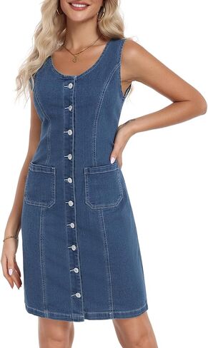 Women's Denim Dress Sleeveless Stretchy Crewneck Vintage Button Down Jean Dresses with Patch Pocket in Saudi Arabia
