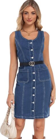Women's Denim Dress Sleeveless Stretchy Crewneck Vintage Button Down Jean Dresses with Patch Pocket in Saudi Arabia