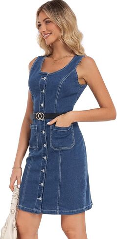 Women's Denim Dress Sleeveless Stretchy Crewneck Vintage Button Down Jean Dresses with Patch Pocket in Saudi Arabia