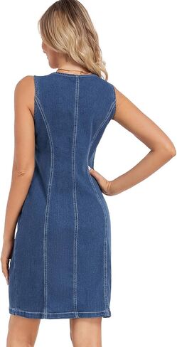 Women's Denim Dress Sleeveless Stretchy Crewneck Vintage Button Down Jean Dresses with Patch Pocket in Saudi Arabia