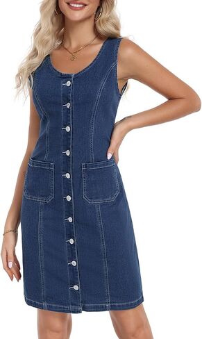 Women's Denim Dress Sleeveless Stretchy Crewneck Vintage Button Down Jean Dresses with Patch Pocket in Saudi Arabia