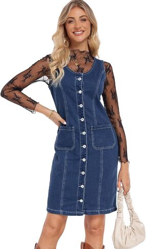 Women's Denim Dress Sleeveless Stretchy Crewneck Vintage Button Down Jean Dresses with Patch Pocket in Saudi Arabia