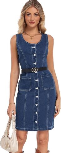 Women's Denim Dress Sleeveless Stretchy Crewneck Vintage Button Down Jean Dresses with Patch Pocket in Saudi Arabia