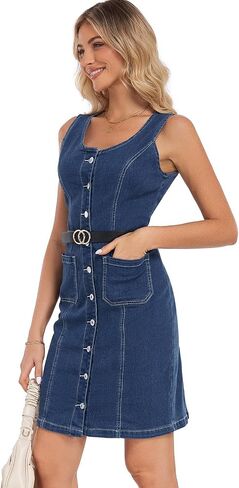 Women's Denim Dress Sleeveless Stretchy Crewneck Vintage Button Down Jean Dresses with Patch Pocket in Saudi Arabia