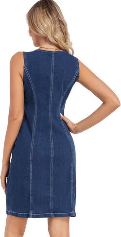 Women's Denim Dress Sleeveless Stretchy Crewneck Vintage Button Down Jean Dresses with Patch Pocket in Saudi Arabia