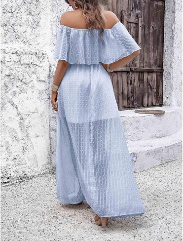 SOMTHRON Women's Boho Off Shoulder Maxi Dress Swiss Dot Ruffle Side Slit A Line Flowy Beach Vacation Long Sundress in Saudi Arabia