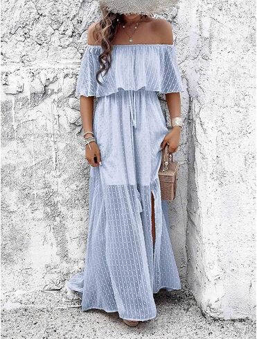 SOMTHRON Women's Boho Off Shoulder Maxi Dress Swiss Dot Ruffle Side Slit A Line Flowy Beach Vacation Long Sundress in Saudi Arabia