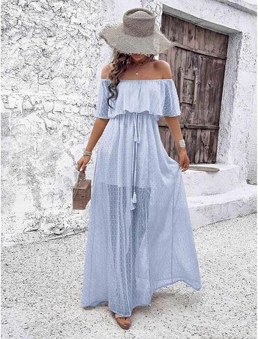 SOMTHRON Women's Boho Off Shoulder Maxi Dress Swiss Dot Ruffle Side Slit A Line Flowy Beach Vacation Long Sundress in Saudi Arabia