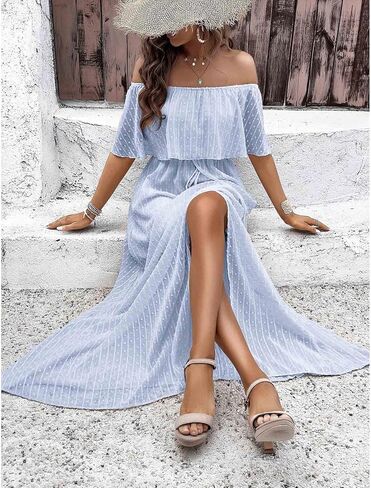 SOMTHRON Women's Boho Off Shoulder Maxi Dress Swiss Dot Ruffle Side Slit A Line Flowy Beach Vacation Long Sundress in Saudi Arabia