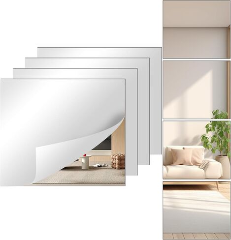 4 Pcs Small Acrylic Mirror for Wall, 8 x 8 Inch Full Body Acrylic Sheets Shatterproof Unbreakable Mirror Tiles Stickers, Self Adhesive Non-Glass for Bathroom Bedroom Home Gym Wall Decorations in Kuwait