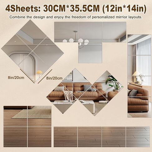 4 Pcs Small Acrylic Mirror for Wall, 8 x 8 Inch Full Body Acrylic Sheets Shatterproof Unbreakable Mirror Tiles Stickers, Self Adhesive Non-Glass for Bathroom Bedroom Home Gym Wall Decorations in Kuwait