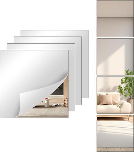 4 Pcs Small Acrylic Mirror for Wall, 8 x 8 Inch Full Body Acrylic Sheets Shatterproof Unbreakable Mirror Tiles Stickers, Self Adhesive Non-Glass for Bathroom Bedroom Home Gym Wall Decorations in Kuwait