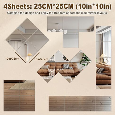 4 Pcs Small Acrylic Mirror for Wall, 8 x 8 Inch Full Body Acrylic Sheets Shatterproof Unbreakable Mirror Tiles Stickers, Self Adhesive Non-Glass for Bathroom Bedroom Home Gym Wall Decorations in Kuwait