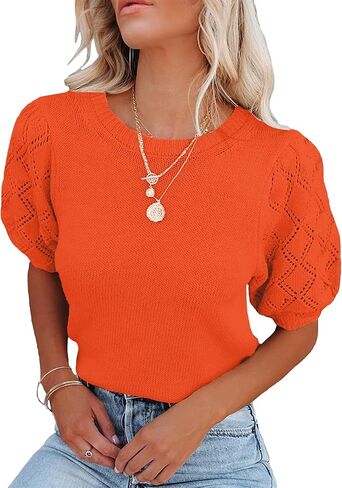 Women's Short Sleeve Knit Tops Soft Puff Sleeve Lightweight Sweaters for Casual and Work in Kuwait
