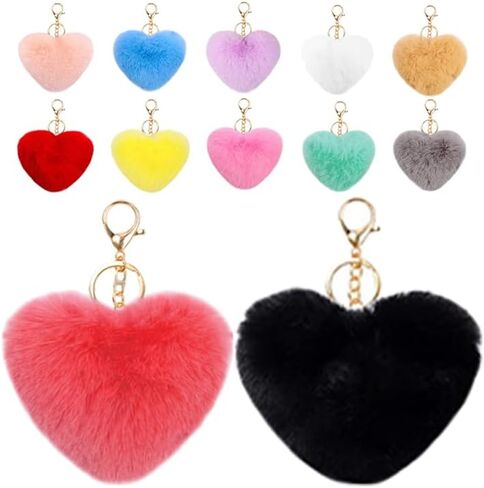12pcs Colored Heart Pom Pom Keychain Fluffy Heart Shape Pompoms Keyring Faux Rabbit Fur Ball Keychain Hanging Pendants Decors for Car Bag Charm in Saudi Arabia