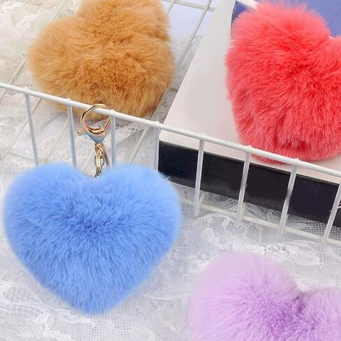 12pcs Colored Heart Pom Pom Keychain Fluffy Heart Shape Pompoms Keyring Faux Rabbit Fur Ball Keychain Hanging Pendants Decors for Car Bag Charm in Saudi Arabia