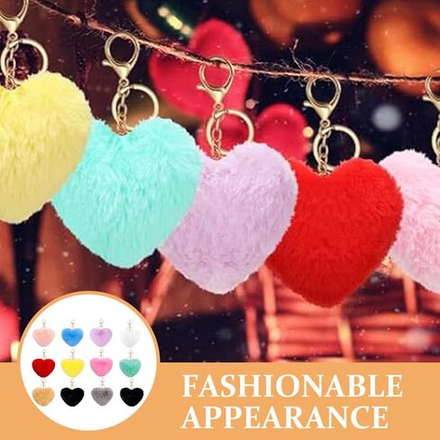 12pcs Colored Heart Pom Pom Keychain Fluffy Heart Shape Pompoms Keyring Faux Rabbit Fur Ball Keychain Hanging Pendants Decors for Car Bag Charm in Saudi Arabia