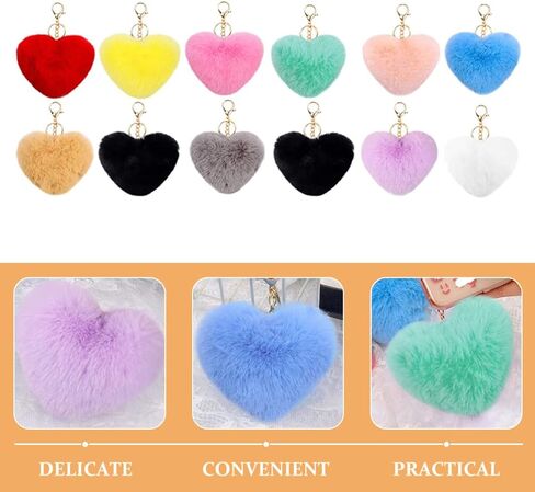 12pcs Colored Heart Pom Pom Keychain Fluffy Heart Shape Pompoms Keyring Faux Rabbit Fur Ball Keychain Hanging Pendants Decors for Car Bag Charm in Saudi Arabia