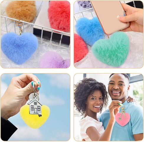 12pcs Colored Heart Pom Pom Keychain Fluffy Heart Shape Pompoms Keyring Faux Rabbit Fur Ball Keychain Hanging Pendants Decors for Car Bag Charm in Saudi Arabia