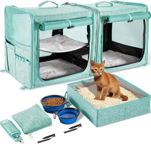 Suertree Cat Carrier for 2 Cats, Pet Travel Carrier with Litter Box for Cats and Small Dogs Up to 45 Lbs, Bowls, and Locking Zippers in Kuwait
