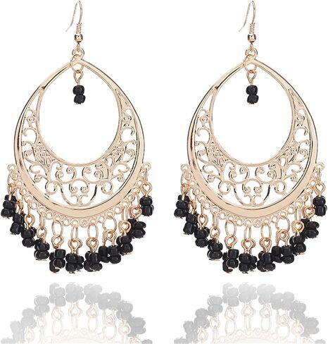 coadipress Filigree Cut-out Dangling Chandelier Earrings for Women Bohemian Retro Gold Chandelier Tassel Drop Earrings Ethnic Gypsy Beads Tassel Earrings Jewelry Gifts in Saudi Arabia