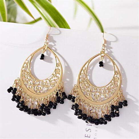coadipress Filigree Cut-out Dangling Chandelier Earrings for Women Bohemian Retro Gold Chandelier Tassel Drop Earrings Ethnic Gypsy Beads Tassel Earrings Jewelry Gifts in Saudi Arabia