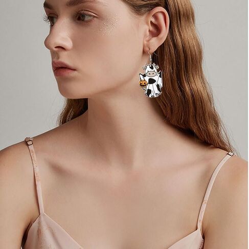 ONLYJUMP Halloween Ghost Earring for Women Unique Black Cat Pumpkin Coffin Earring Funny Cartoon Cow Ghost Earrings Lightweight Trendy Pumpkin Skeleton Earrings Halloween Theme Party Gifts in Kuwait