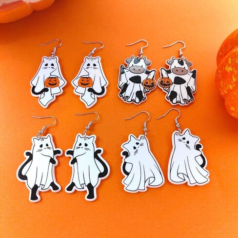 ONLYJUMP Halloween Ghost Earring for Women Unique Black Cat Pumpkin Coffin Earring Funny Cartoon Cow Ghost Earrings Lightweight Trendy Pumpkin Skeleton Earrings Halloween Theme Party Gifts in Kuwait