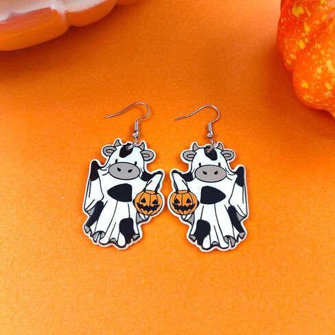 ONLYJUMP Halloween Ghost Earring for Women Unique Black Cat Pumpkin Coffin Earring Funny Cartoon Cow Ghost Earrings Lightweight Trendy Pumpkin Skeleton Earrings Halloween Theme Party Gifts in Kuwait