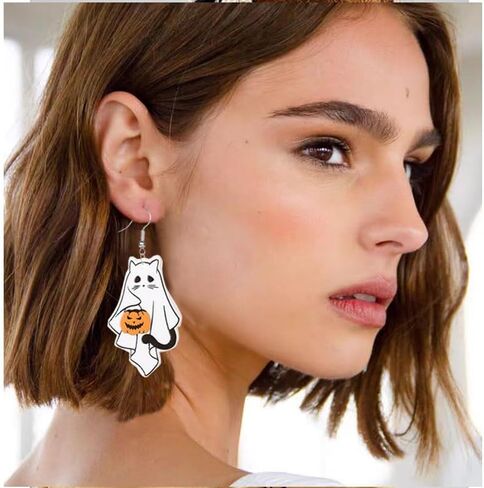 ONLYJUMP Halloween Ghost Earring for Women Unique Black Cat Pumpkin Coffin Earring Funny Cartoon Cow Ghost Earrings Lightweight Trendy Pumpkin Skeleton Earrings Halloween Theme Party Gifts in Kuwait