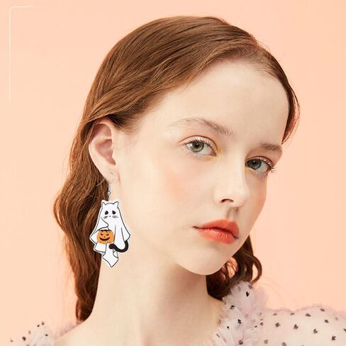 ONLYJUMP Halloween Ghost Earring for Women Unique Black Cat Pumpkin Coffin Earring Funny Cartoon Cow Ghost Earrings Lightweight Trendy Pumpkin Skeleton Earrings Halloween Theme Party Gifts in Kuwait