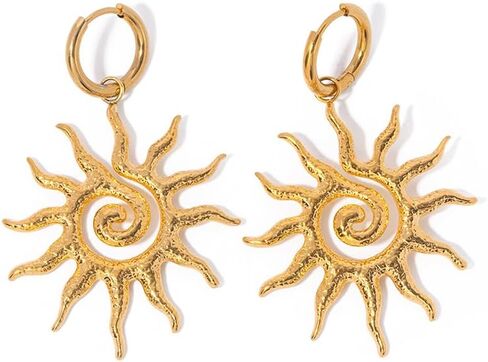 Spiral Sun Huggie Dangle Drop Earring for Women 14K Gold Plated Lightweight Drop Punk Stainless Steel Sunflower Charm Minimalist Statement Trendy Jewelry Gifts Valentine's Day Xmas in Saudi Arabia