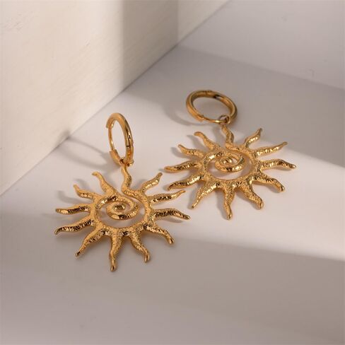 Spiral Sun Huggie Dangle Drop Earring for Women 14K Gold Plated Lightweight Drop Punk Stainless Steel Sunflower Charm Minimalist Statement Trendy Jewelry Gifts Valentine's Day Xmas in Saudi Arabia