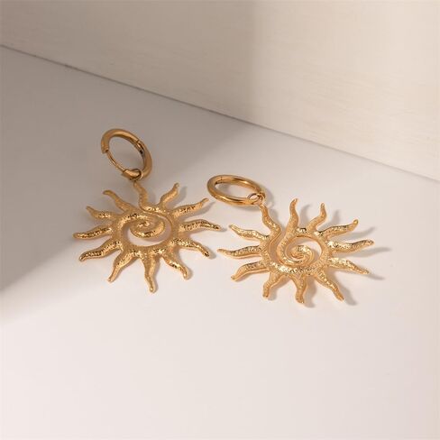 Spiral Sun Huggie Dangle Drop Earring for Women 14K Gold Plated Lightweight Drop Punk Stainless Steel Sunflower Charm Minimalist Statement Trendy Jewelry Gifts Valentine's Day Xmas in Saudi Arabia