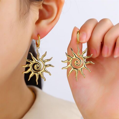 Spiral Sun Huggie Dangle Drop Earring for Women 14K Gold Plated Lightweight Drop Punk Stainless Steel Sunflower Charm Minimalist Statement Trendy Jewelry Gifts Valentine's Day Xmas in Saudi Arabia