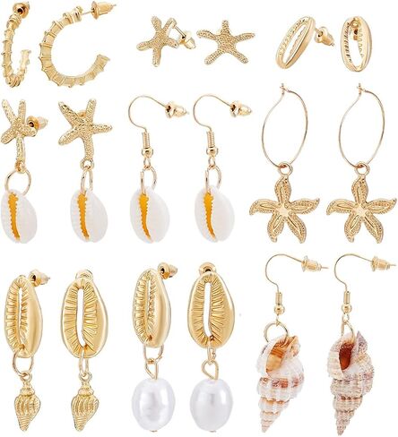 PH PandaHall 9 Pairs Seashell Earrings Starfish Golden Ocean Earrings Set Jewellery for Women Beach Party Vacation Summer Themed Pendant Ear Studs 0.55~2.1 Inch in Saudi Arabia