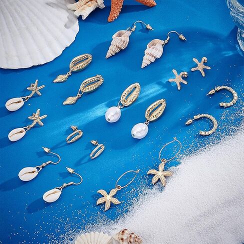 PH PandaHall 9 Pairs Seashell Earrings Starfish Golden Ocean Earrings Set Jewellery for Women Beach Party Vacation Summer Themed Pendant Ear Studs 0.55~2.1 Inch in Saudi Arabia