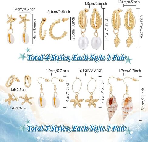 PH PandaHall 9 Pairs Seashell Earrings Starfish Golden Ocean Earrings Set Jewellery for Women Beach Party Vacation Summer Themed Pendant Ear Studs 0.55~2.1 Inch in Saudi Arabia