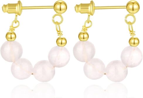 Natural Rose Quartz Beaded Hoop Earrings for Women Pink Stone Earrings Handmade Jewelry Gift for Women Girls（925 sterling silver gold plated) (Strawberry crystals) in Saudi Arabia