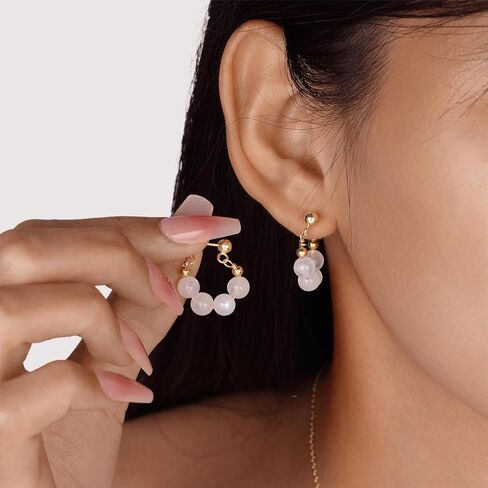Natural Rose Quartz Beaded Hoop Earrings for Women Pink Stone Earrings Handmade Jewelry Gift for Women Girls（925 sterling silver gold plated) (Strawberry crystals) in Saudi Arabia