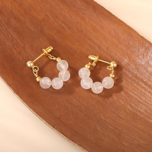 Natural Rose Quartz Beaded Hoop Earrings for Women Pink Stone Earrings Handmade Jewelry Gift for Women Girls（925 sterling silver gold plated) (Strawberry crystals) in Saudi Arabia