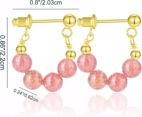Natural Rose Quartz Beaded Hoop Earrings for Women Pink Stone Earrings Handmade Jewelry Gift for Women Girls（925 sterling silver gold plated) (Strawberry crystals) in Saudi Arabia