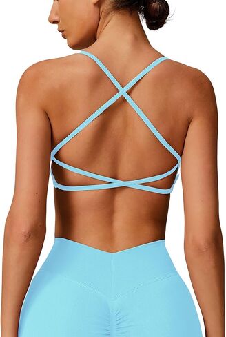 Womens Criss Cross Sports Bras Padded Low Impact Workout Gym Yoga Bra Running Crop Tank Tops with Removable Cups in Kuwait