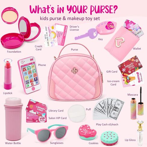 Little Girl Purse with Pretend Makeup for Toddlers, 49PCS Kids Play Purse Set - Princess Toy Accessories, Pretend Play Headset Wallet Phones Sunglasses Keys Credit Cards Birthday Gift for Girls Age 3+ in Saudi Arabia